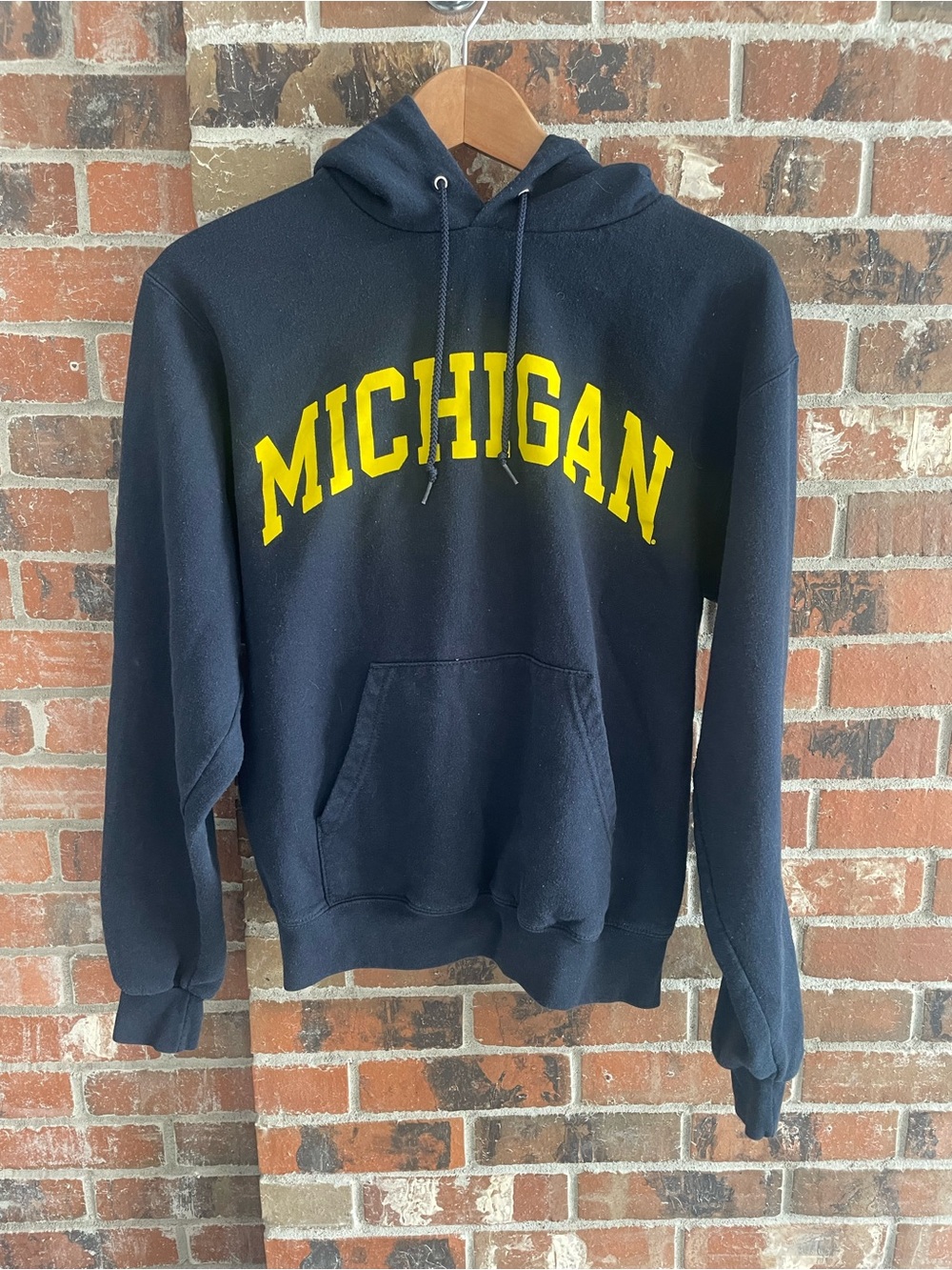 Champion Navy Crewneck Hoodie with Yellow Michigan Arch